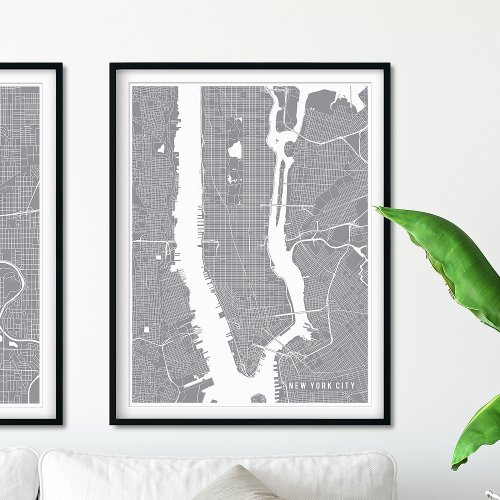 New York City Map Minimalist Pewter Silver Map Poster