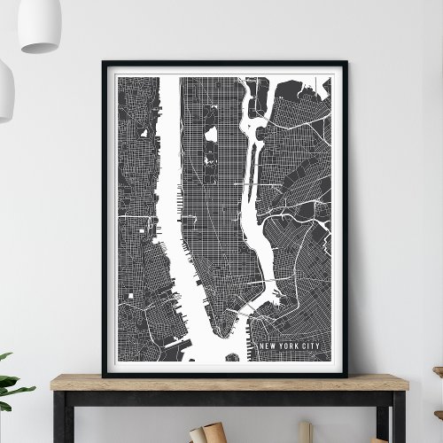 New York City Map Modern Charcoal Gray City Map Poster