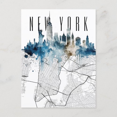 New York City map postcard with watercolor skyline