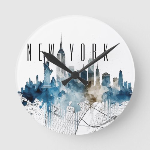 New York City map with watercolor skyline Round Clock