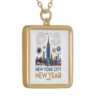 New York City New Year 2026 Fireworks Skyline Gold Plated Necklace
