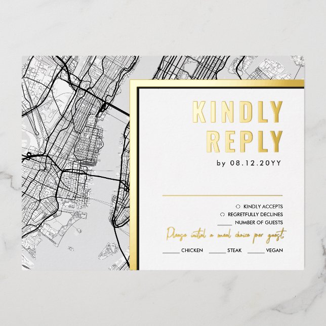 New York City, New York Love Locator | RSVP Reply Foil Invitation Postcard (Front)