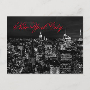 New York City Night Black & White Red Script Postcard