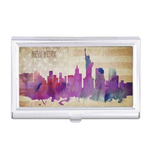 New York City NY  Watercolor City Skyline Business Card Holder