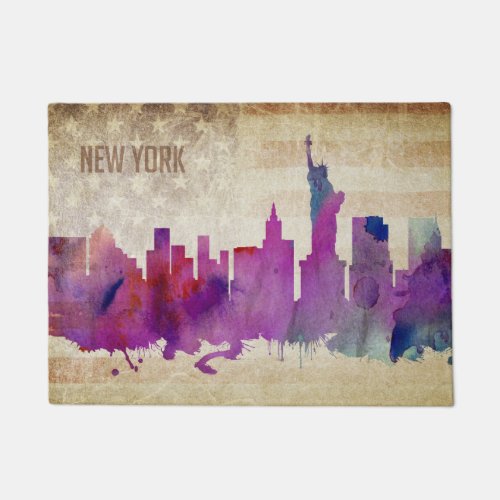 New York City NY  Watercolor City Skyline Doormat