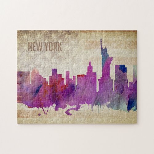 New York City NY  Watercolor City Skyline Jigsaw Puzzle