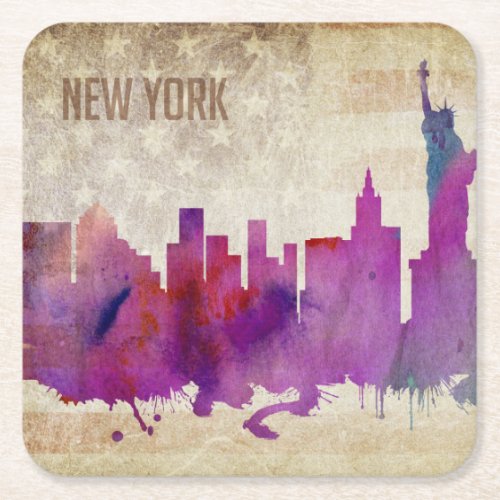 New York City NY  Watercolor City Skyline Square Paper Coaster