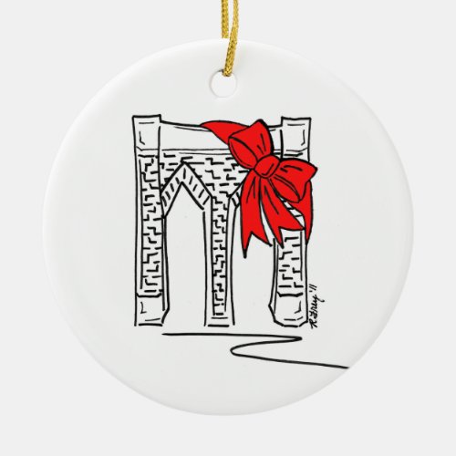 New York City NYC Brooklyn Bridge Bow Christmas Ceramic Ornament