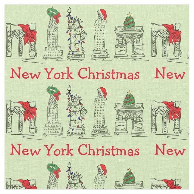 New York City NYC Christmas Landmarks Holiday Xmas Fabric (Close Up)