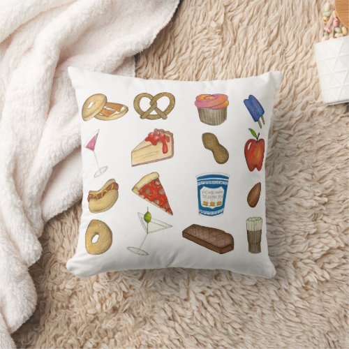 New York City NYC Foods Hot Dog Coffee Pizza Apple Throw Pillow