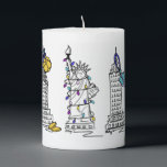New York City NYC Hanukkah Chanukah Landmarks Pillar Candle<br><div class="desc">Features an original marker illustration of classic New York City landmarks, including Washington Square Arch, Brooklyn Bridge, and Statue of Liberty, "dressed up" for the holidays. Perfect for anyone who lives in or loves the "hustle and bustle" of NYC during the Hanukkah season. Don't see what you're looking for? Need...</div>