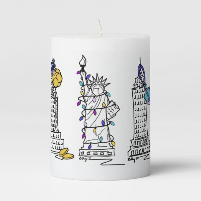 New York City NYC Hanukkah Chanukah Landmarks Pillar Candle (Front)