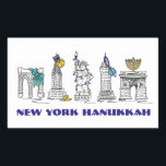 New York City NYC Happy Hanukkah Chanukah Holiday Rectangular Sticker<br><div class="desc">Features an original pen-and-ink illustration of various New York City landmarks "dressed up" for the holiday season. Perfect for Hanukkah!

This Chanukah illustration is also available on other products. Don't see what you're looking for? Need help with customization? Contact Rebecca to have something designed just for you.</div>