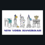 New York City NYC Happy Hanukkah Chanukah Holiday Rectangular Sticker<br><div class="desc">Features an original pen-and-ink illustration of various New York City landmarks "dressed up" for the holiday season. Perfect for Hanukkah!

This Chanukah illustration is also available on other products. Don't see what you're looking for? Need help with customization? Contact Rebecca to have something designed just for you.</div>