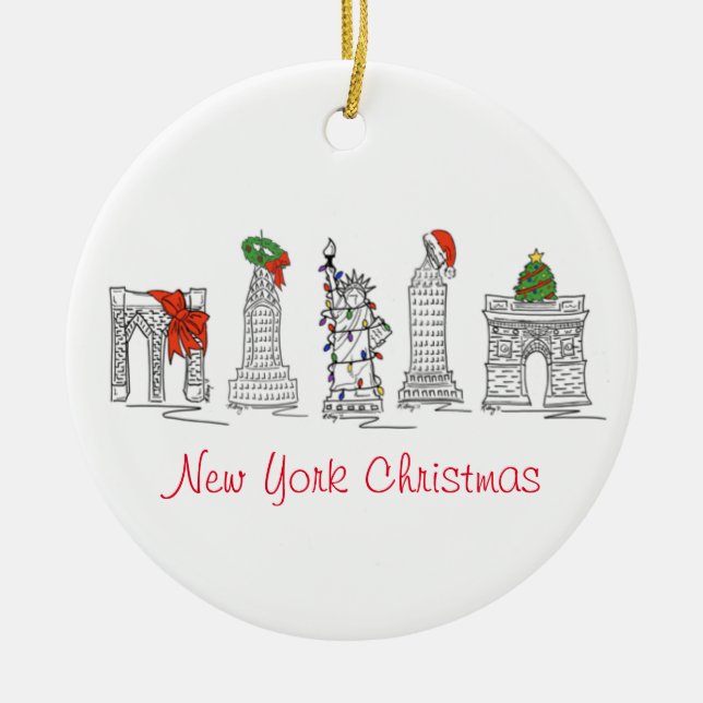 New York City NYC Landmarks Christmas Holiday Ceramic Ornament (Front)