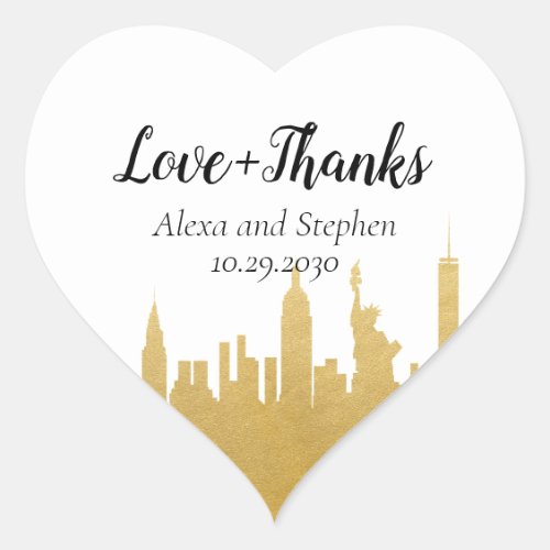 New York City NYC Skyline Gold Love and Thanks Heart Sticker