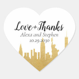 New York City NYC Skyline Gold Love and Thanks Heart Sticker