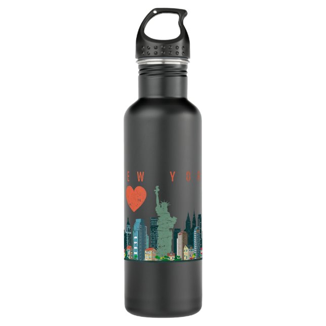 New York City NYC Skyline Heart Distressed Style  Stainless Steel Water Bottle (Front)