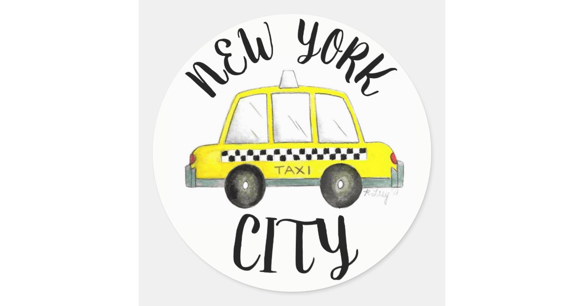 Yellow Cab Sticker New York City NYC Yellow Checkered Taxi Cab Car Classic Round Sticker ...