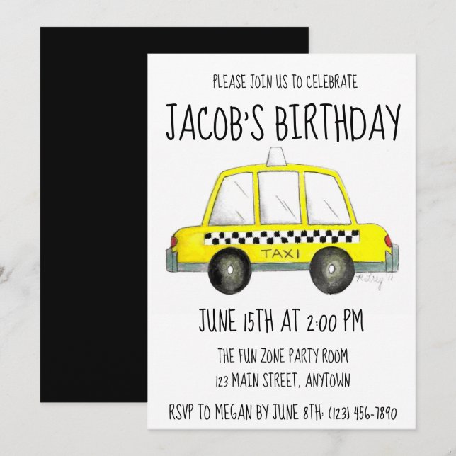New York City NYC Yellow Checkered Taxi Cab Car Invitation (Front/Back)