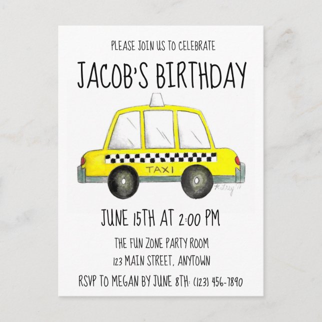 New York City NYC Yellow Checkered Taxi Cab Car Invitation Postcard (Front)