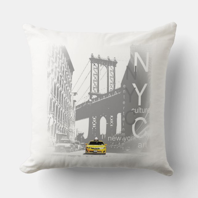New York City Nyc Yellow Taxi Brooklyn Bridge Throw Pillow (Front)