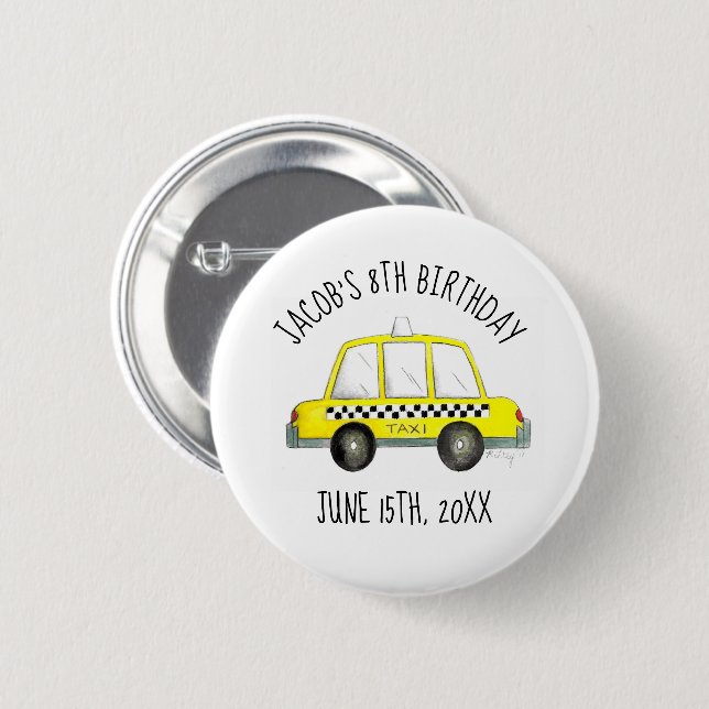 New York City NYC Yellow Taxi Cab Birthday Party Button (Front & Back)