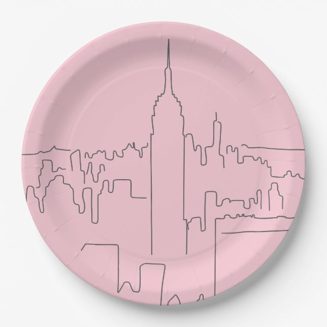 New York City Pink Minimal Line Paper Plates (Front)