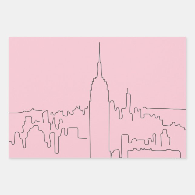 New York City Pink Minimal Line Wrapping Paper Sheets (Front)
