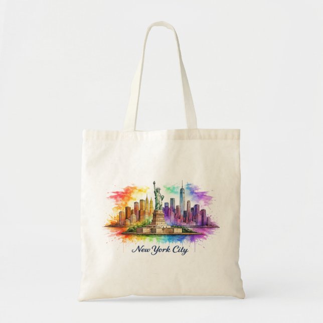 New York City Rainbow Watercolor Skyline Tote Bag (Front)
