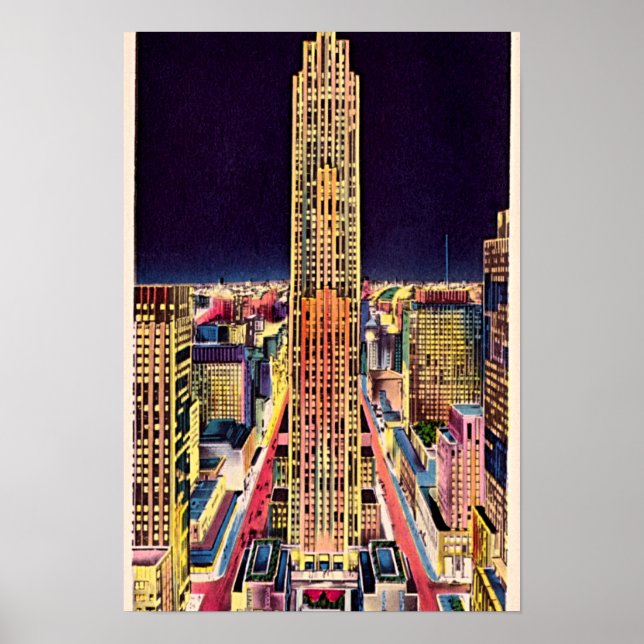 New York City Rockefeller Center at Night 1940 Poster (Front)