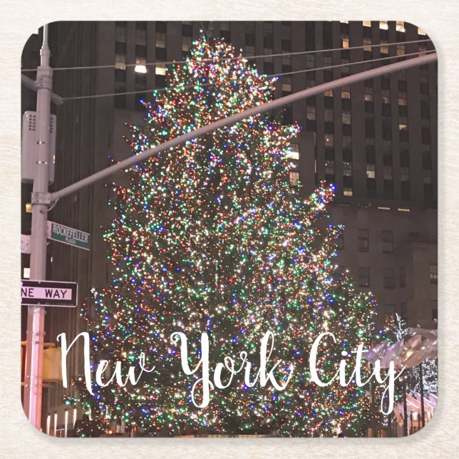 New York City Rockefeller Center Christmas Tree Square Paper Coaster (Front)