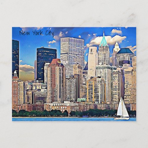 New York City Sailboat   Buildings Postcard