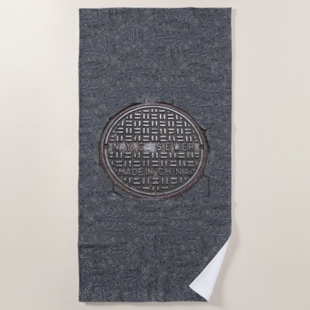 New York City Sewer Cover And Asphalt Pavement Nyc Beach Towel