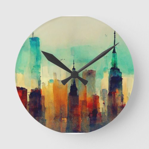 New York City Sky Line _ Water Color Round Clock