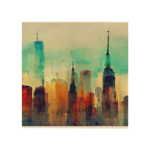 New York City Sky Line _ Water Color Wood Wall Art