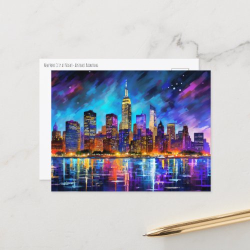 New York City Skyline at Night Abstract Painting Postcard