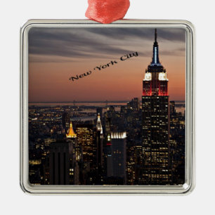 New York City Skyline at Night Metal Ornament