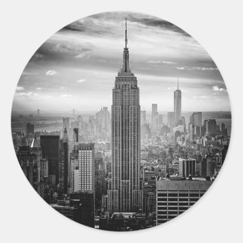 New York City skyline black and white Classic Round Sticker