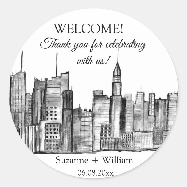 NEW YORK CITY skyline Black White Favors Weddings Classic Round Sticker (Front)