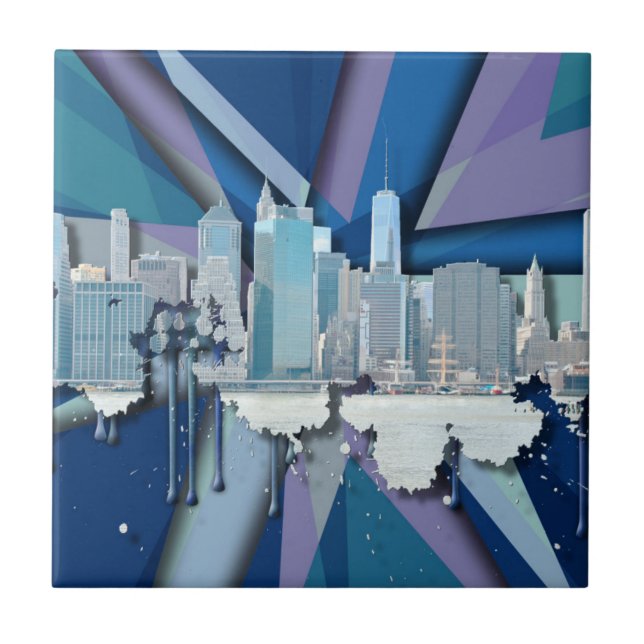 New York City Skyline | Blue 3D Ceramic Tile (Front)