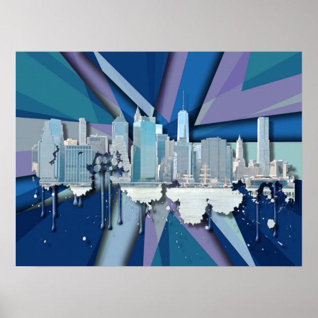 New York City Skyline | Blue 3D Poster (Front)