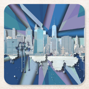 New York City Skyline   Blue 3D Square Paper Coaster