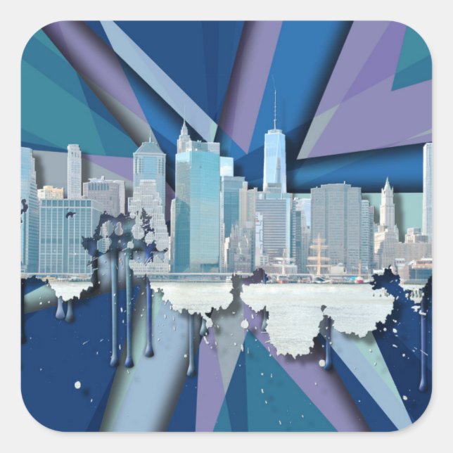 New York City Skyline | Blue 3D Square Sticker (Front)