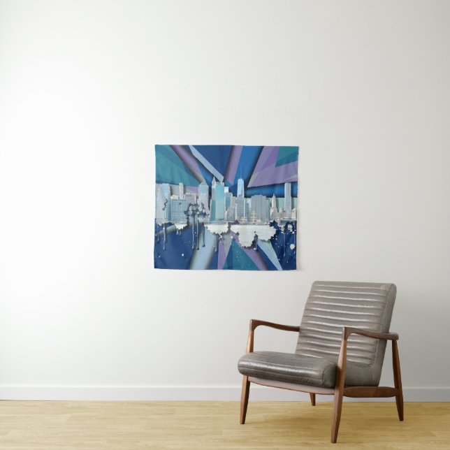 New York City Skyline | Blue 3D Tapestry (In Situ (Horizontal))