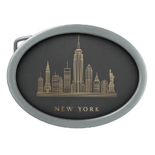New York City Skyline Gold Line Art Belt Buckle