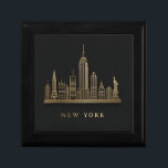 New York City Skyline Gold Line Art Gift Box<br><div class="desc">A clean and elegant graphic illustration featuring the iconic New York City skyline. Key landmarks like the Empire State Building and the Statue of Liberty are rendered in a minimalist, golden line art style. The text "NEW YORK" is written in a matching golden font below the cityscape. The design is...</div>