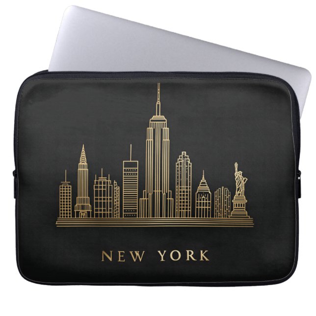 New York City Skyline Gold Line Art Laptop Sleeve (Front)