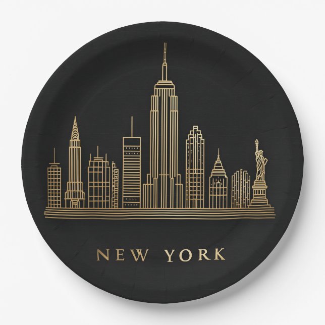 New York City Skyline Gold Line Art Paper Plates (Front)