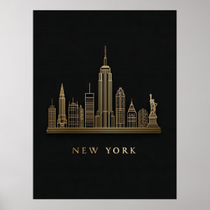 New York City Skyline Gold Line Art Poster